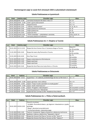 Harmonogram zajęć w czasie ferii zimowych w szkołach Gminy Łysomice - 2025 rok